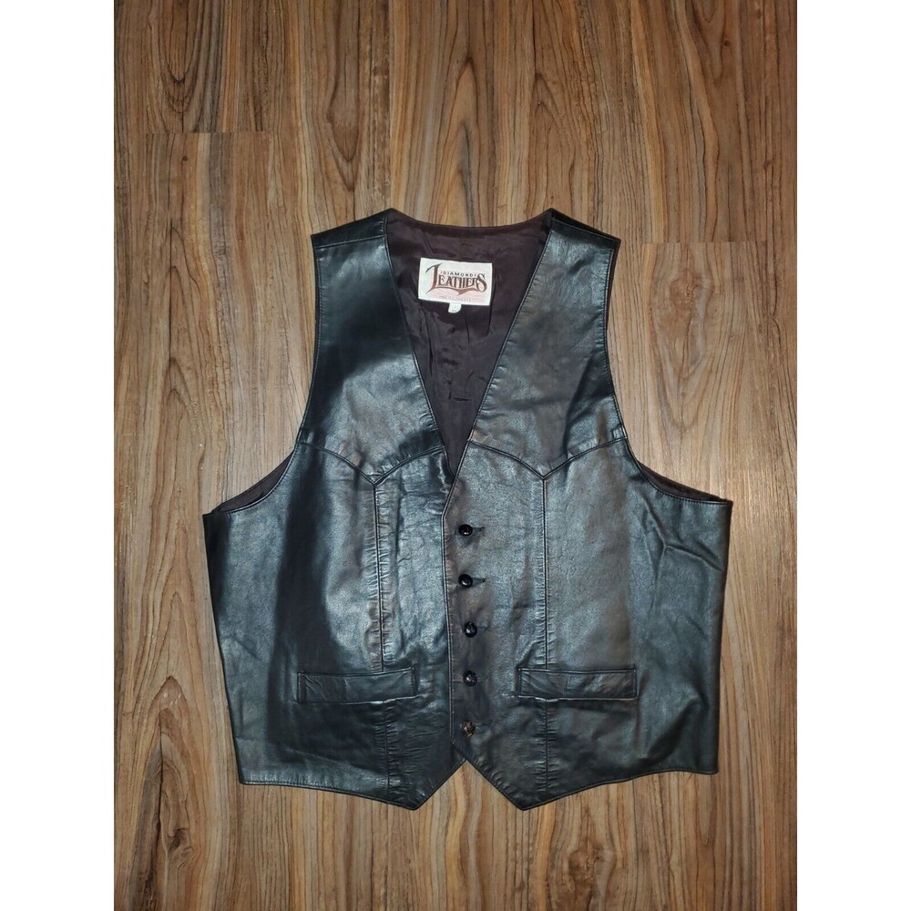 Vntg Diamond Leathers El Paso TX USA Black Biker Leather Vest Men's Size 48